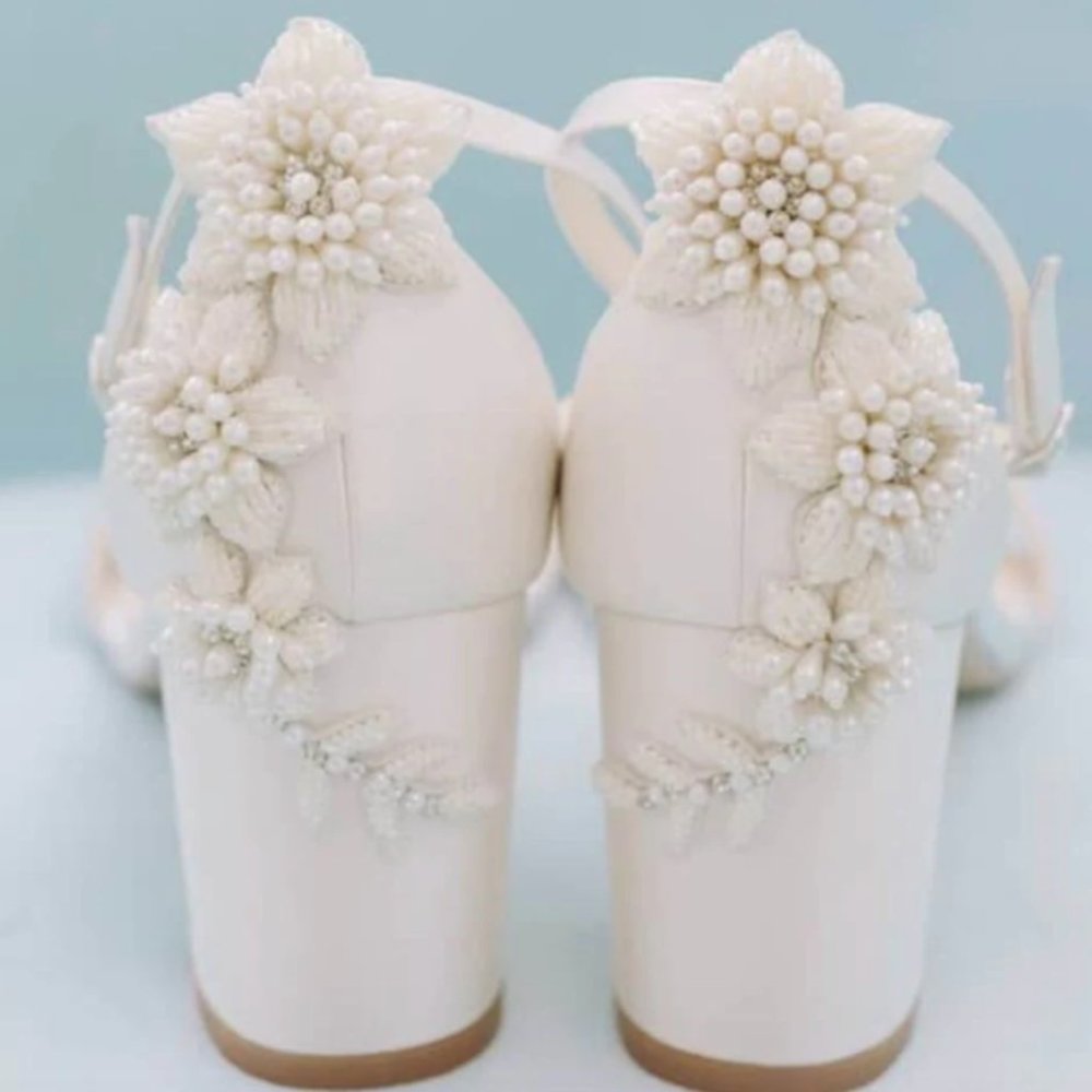 Bella Belle Fabiola Embellished Block Heel Sandals Pearl Wedding Shoes